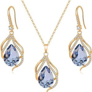 Austrian Crystals Teardrop Hollow Twisted Pendant Necklace Earrings for Women 14